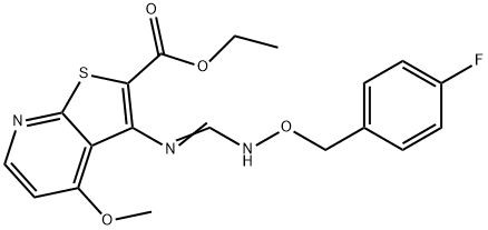Ethyl 3-[(([(4-fluorobenzyl)oxy]imino)methyl)amino]-4-methoxythieno[2,3-b]pyridine-2-carboxylate 结构式