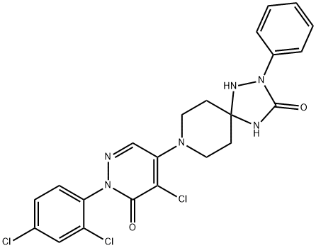8-[5-Chloro-1-(2,4-dichlorophenyl)-6-oxo-1,6-dihydro-4-pyridazinyl]-2-phenyl-1,2,4,8-tetraazaspiro[4.5]decan-3-one 结构式