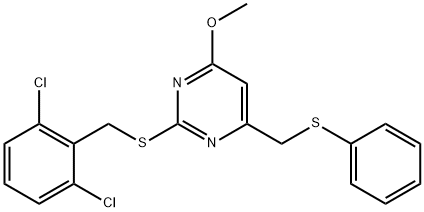 2-[(2,6-DICHLOROBENZYL)SULFANYL]-4-METHOXY-6-[(PHENYLSULFANYL)METHYL]PYRIMIDINE 结构式