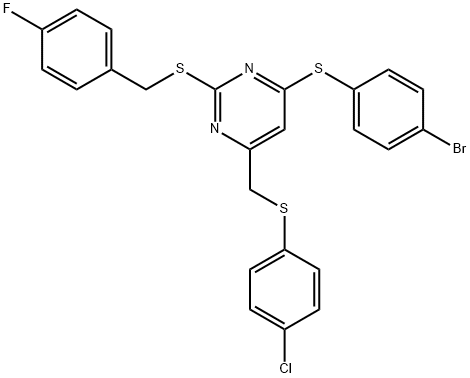 4-BROMOPHENYL 6-([(4-CHLOROPHENYL)SULFANYL]METHYL)-2-[(4-FLUOROBENZYL)SULFANYL]-4-PYRIMIDINYL SULFIDE 结构式