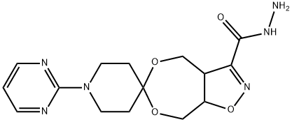 1-(嘧啶-2-基)-3A',4',8',8A'-四氢螺[哌啶-4,6'-[1,3]二氧杂卓并[5,6-D]异噁唑]-3'-甲酰肼 结构式