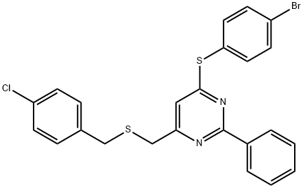 4-BROMOPHENYL 6-([(4-CHLOROBENZYL)SULFANYL]METHYL)-2-PHENYL-4-PYRIMIDINYL SULFIDE 结构式