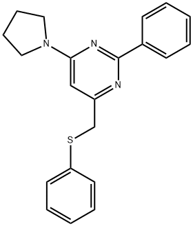 2-PHENYL-4-[(PHENYLSULFANYL)METHYL]-6-(1-PYRROLIDINYL)PYRIMIDINE 结构式