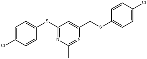 4-CHLOROPHENYL 6-([(4-CHLOROPHENYL)SULFANYL]METHYL)-2-METHYL-4-PYRIMIDINYL SULFIDE 结构式