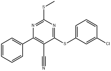 4-[(3-CHLOROPHENYL)SULFANYL]-2-(METHYLSULFANYL)-6-PHENYL-5-PYRIMIDINECARBONITRILE 结构式