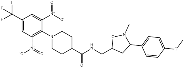 1-[2,6-DINITRO-4-(TRIFLUOROMETHYL)PHENYL]-N-([3-(4-METHOXYPHENYL)-2-METHYLTETRAHYDRO-5-ISOXAZOLYL]METHYL)-4-PIPERIDINECARBOXAMIDE 结构式