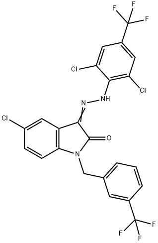 5-CHLORO-1-[3-(TRIFLUOROMETHYL)BENZYL]-1H-INDOLE-2,3-DIONE 3-(N-[2,6-DICHLORO-4-(TRIFLUOROMETHYL)PHENYL]HYDRAZONE) 结构式