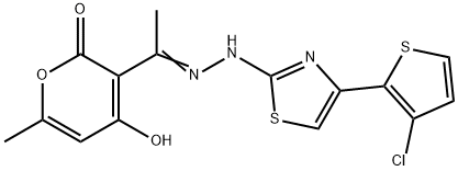 3-(2-[4-(3-CHLORO-2-THIENYL)-1,3-THIAZOL-2-YL]ETHANEHYDRAZONOYL)-4-HYDROXY-6-METHYL-2H-PYRAN-2-ONE 结构式