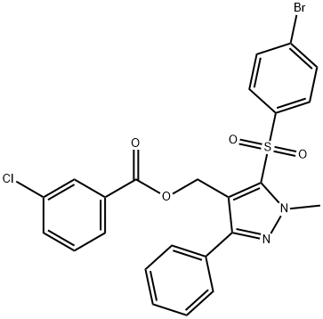 (5-[(4-BROMOPHENYL)SULFONYL]-1-METHYL-3-PHENYL-1H-PYRAZOL-4-YL)METHYL 3-CHLOROBENZENECARBOXYLATE 结构式