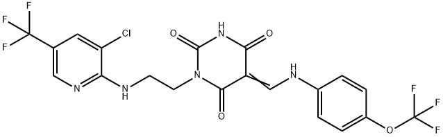 1-(2-([3-CHLORO-5-(TRIFLUOROMETHYL)-2-PYRIDINYL]AMINO)ETHYL)-5-([4-(TRIFLUOROMETHOXY)ANILINO]METHYLENE)-2,4,6(1H,3H,5H)-PYRIMIDINETRIONE 结构式