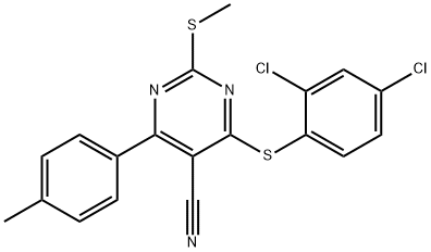 4-[(2,4-DICHLOROPHENYL)SULFANYL]-6-(4-METHYLPHENYL)-2-(METHYLSULFANYL)-5-PYRIMIDINECARBONITRILE 结构式