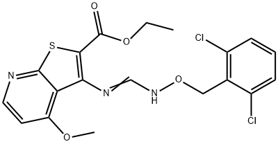 Ethyl 3-[(([(2,6-dichlorobenzyl)oxy]imino)methyl)amino]-4-methoxythieno[2,3-b]pyridine-2-carboxylate 结构式