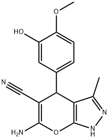 6-AMINO-4-(3-HYDROXY-4-METHOXY-PHENYL)-3-METHYL-1,4-DIHYDRO-PYRANO[2,3-C]PYRAZOLE-5-CARBONITRILE 结构式