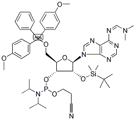 N6 -(DIMETHYLAMINO)METHYLENE)-5'-O-(DIMETHOXYTRITYL)-2'-O-(T-BUTYLDIMETHYLSILYL)-ADENOSINE-3'-N,N- DIISOPROPYL (CYANOETHYL)PHOSPHORAMIDITE 结构式