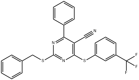 2-(Benzylsulfanyl)-4-phenyl-6-([3-(trifluoromethyl)phenyl]sulfanyl)-5-pyrimidinecarbonitrile 结构式