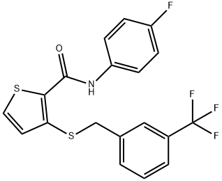 N-(4-FLUOROPHENYL)-3-([3-(TRIFLUOROMETHYL)BENZYL]SULFANYL)-2-THIOPHENECARBOXAMIDE 结构式