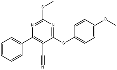 4-((4-甲氧基苯基)硫基)-2-(甲硫基)-6-苯基嘧啶-5-甲腈 结构式