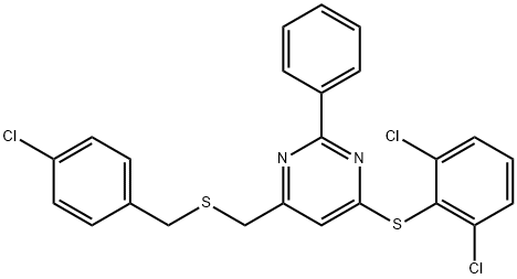 4-([(4-CHLOROBENZYL)SULFANYL]METHYL)-6-[(2,6-DICHLOROPHENYL)SULFANYL]-2-PHENYLPYRIMIDINE 结构式