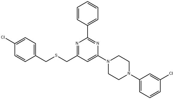 4-([(4-CHLOROBENZYL)SULFANYL]METHYL)-6-[4-(3-CHLOROPHENYL)PIPERAZINO]-2-PHENYLPYRIMIDINE 结构式