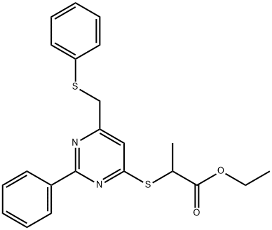 ETHYL 2-((2-PHENYL-6-[(PHENYLSULFANYL)METHYL]-4-PYRIMIDINYL)SULFANYL)PROPANOATE 结构式