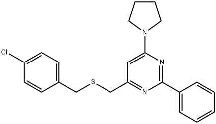 4-([(4-CHLOROBENZYL)SULFANYL]METHYL)-2-PHENYL-6-(1-PYRROLIDINYL)PYRIMIDINE 结构式