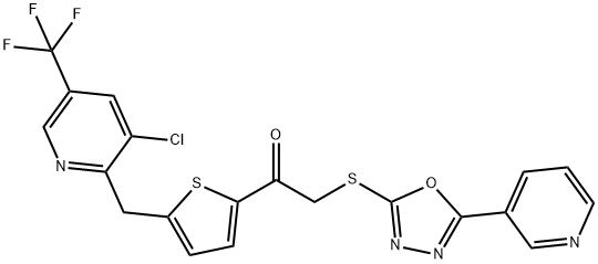 1-(5-([3-CHLORO-5-(TRIFLUOROMETHYL)-2-PYRIDINYL]METHYL)-2-THIENYL)-2-([5-(3-PYRIDINYL)-1,3,4-OXADIAZOL-2-YL]SULFANYL)-1-ETHANONE 结构式