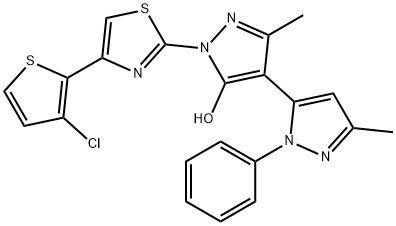 1-[4-(3-CHLORO-2-THIENYL)-2-THIAZOYL]-1'-PHENYL-3,3'-DIMETHYL-5-HYDROXY-[4,5']-BIPYRAZOL 结构式