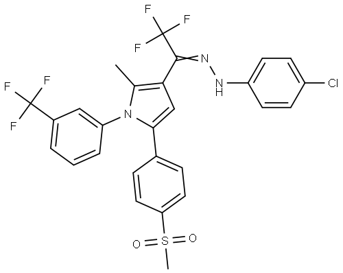2,2,2-Trifluoro-1-(2-methyl-5-[4-(methylsulfonyl)phenyl]-1-[3-(trifluoromethyl)phenyl]-1H-pyrrol-3-yl)-1-ethanone N-(4-chlorophenyl)hydrazone 结构式