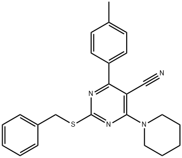 2-(BENZYLSULFANYL)-4-(4-METHYLPHENYL)-6-PIPERIDINO-5-PYRIMIDINECARBONITRILE 结构式