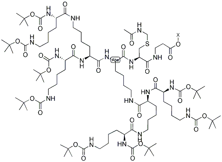 BOC-LYS(BOC)-LYS[BOC-LYS(BOC)]-LYS{BOC-LYS(BOC)-LYS[BOC-LYS(BOC)]}-CYS(ACM)-Β-ALA-O-PAM 树脂 结构式