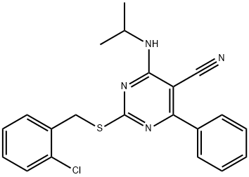 2-[(2-CHLOROBENZYL)SULFANYL]-4-(ISOPROPYLAMINO)-6-PHENYL-5-PYRIMIDINECARBONITRILE 结构式