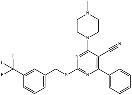 4-(4-METHYLPIPERAZINO)-6-PHENYL-2-([3-(TRIFLUOROMETHYL)BENZYL]SULFANYL)-5-PYRIMIDINECARBONITRILE 结构式