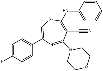 7-ANILINO-3-(4-FLUOROPHENYL)-5-MORPHOLINO-1,4-THIAZEPINE-6-CARBONITRILE 结构式