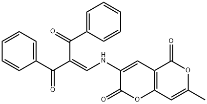 3-[(2-Benzoyl-3-oxo-3-phenyl-1-propenyl)amino]-7-methyl-2H,5H-pyrano[4,3-b]pyran-2,5-dione 结构式
