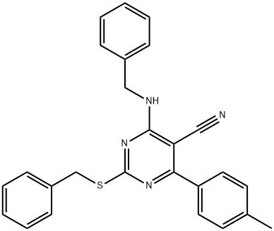 4-(BENZYLAMINO)-2-(BENZYLSULFANYL)-6-(4-METHYLPHENYL)-5-PYRIMIDINECARBONITRILE 结构式