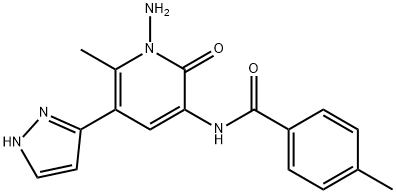 N-[1-Amino-6-methyl-2-oxo-5-(1H-pyrazol-5-yl)-1,2-dihydro-3-pyridinyl]-4-methylbenzenecarboxamide 结构式