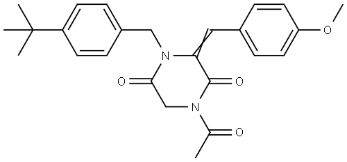 1-Acetyl-4-[4-(tert-butyl)benzyl]-3-[(4-methoxyphenyl)methylene]tetrahydro-2,5-pyrazinedione 结构式