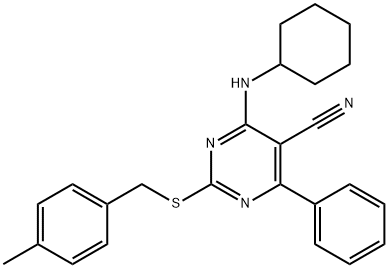 4-(CYCLOHEXYLAMINO)-2-[(4-METHYLBENZYL)SULFANYL]-6-PHENYL-5-PYRIMIDINECARBONITRILE 结构式