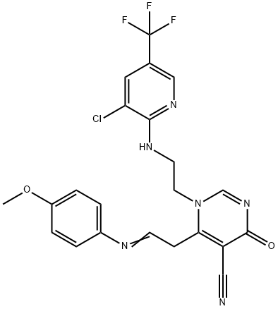1-(2-([3-CHLORO-5-(TRIFLUOROMETHYL)-2-PYRIDINYL]AMINO)ETHYL)-6-(2-[(4-METHOXYPHENYL)IMINO]ETHYL)-4-OXO-1,4-DIHYDRO-5-PYRIMIDINECARBONITRILE 结构式