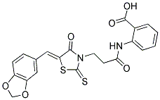 2-((3-[(5Z)-5-(1,3-BENZODIOXOL-5-YLMETHYLENE)-4-OXO-2-THIOXO-1,3-THIAZOLIDIN-3-YL]PROPANOYL)AMINO)BENZOIC ACID 结构式