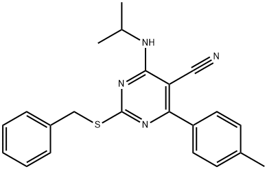 2-(BENZYLSULFANYL)-4-(ISOPROPYLAMINO)-6-(4-METHYLPHENYL)-5-PYRIMIDINECARBONITRILE 结构式