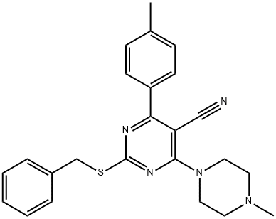 2-(BENZYLSULFANYL)-4-(4-METHYLPHENYL)-6-(4-METHYLPIPERAZINO)-5-PYRIMIDINECARBONITRILE 结构式