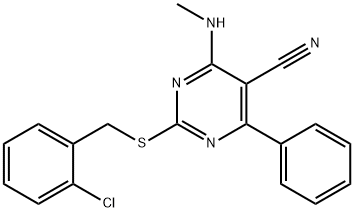 2-[(2-CHLOROBENZYL)SULFANYL]-4-(METHYLAMINO)-6-PHENYL-5-PYRIMIDINECARBONITRILE 结构式