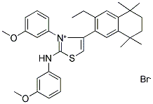 4-(3-ETHYL-5,5,8,8-TETRAMETHYL-5,6,7,8-TETRAHYDRONAPHTHALEN-2-YL)-2-(3-METHOXYANILINO)-3-(3-METHOXYPHENYL)-1,3-THIAZOL-3-IUM BROMIDE 结构式