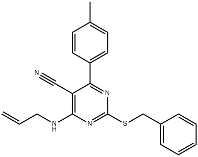 4-(ALLYLAMINO)-2-(BENZYLSULFANYL)-6-(4-METHYLPHENYL)-5-PYRIMIDINECARBONITRILE 结构式