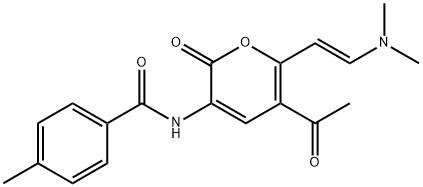 N-(5-ACETYL-6-[(E)-2-(DIMETHYLAMINO)ETHENYL]-2-OXO-2H-PYRAN-3-YL)-4-METHYLBENZENECARBOXAMIDE 结构式