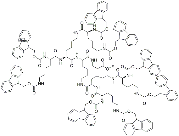 Fmoc-Lys(Fmoc)-Lys[Fmoc-Lys(Fmoc)]-Lys[Fmoc-Lys(Fmoc)-Lys[Fmoc-Lys(Fmoc)]]-beta-Ala-O-Wang resin 结构式