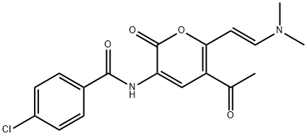 N-(5-ACETYL-6-[2-(DIMETHYLAMINO)VINYL]-2-OXO-2H-PYRAN-3-YL)-4-CHLOROBENZENECARBOXAMIDE 结构式