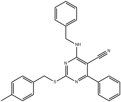 4-(BENZYLAMINO)-2-[(4-METHYLBENZYL)SULFANYL]-6-PHENYL-5-PYRIMIDINECARBONITRILE 结构式