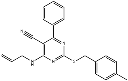4-(ALLYLAMINO)-2-[(4-METHYLBENZYL)SULFANYL]-6-PHENYL-5-PYRIMIDINECARBONITRILE 结构式